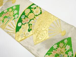 アンティーク　扇に草花模様　刺繍　袋帯（材料）